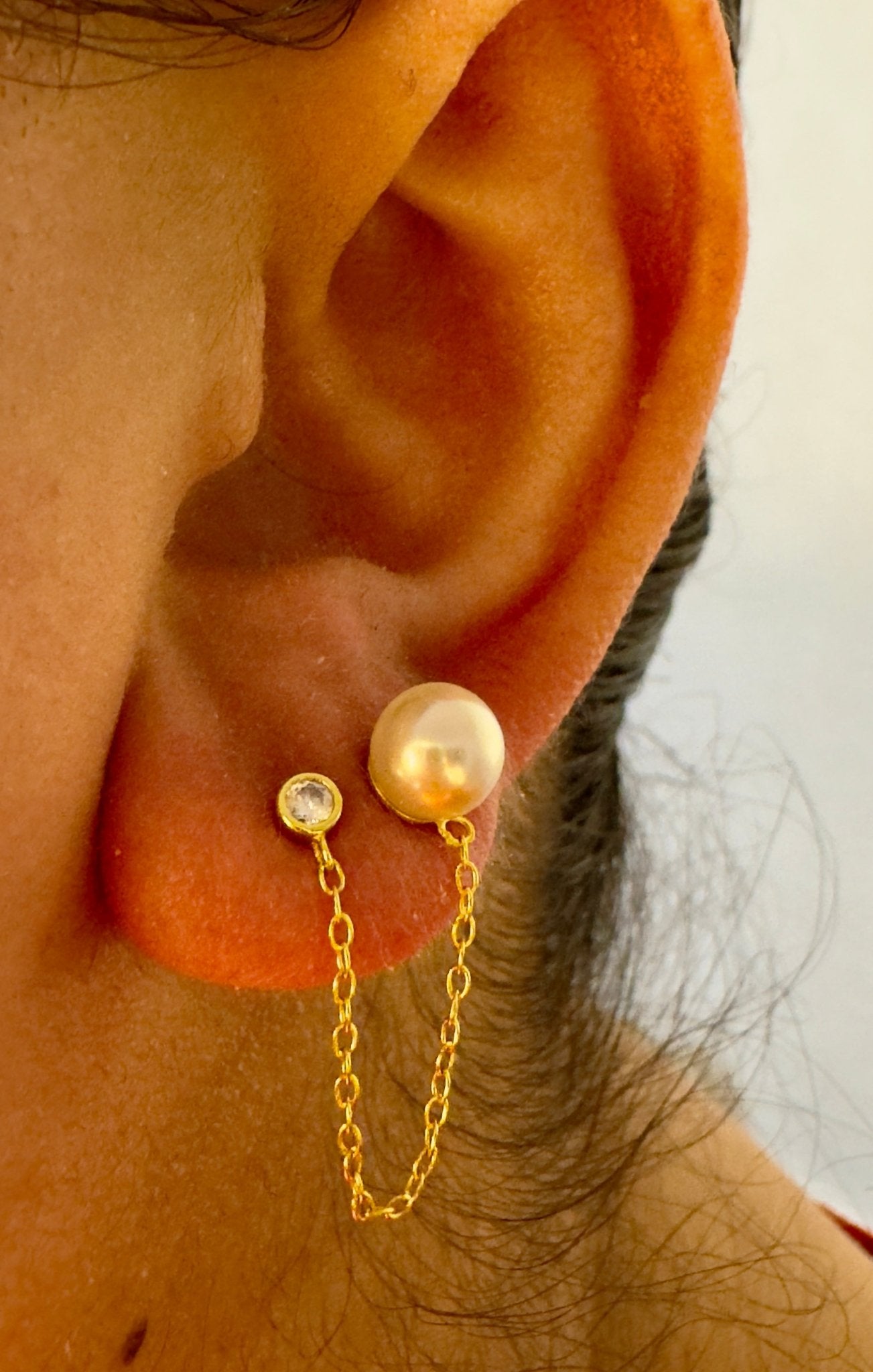 14kt gold plated double piercing pearl and crystal earring - Figi JewelsEarrings