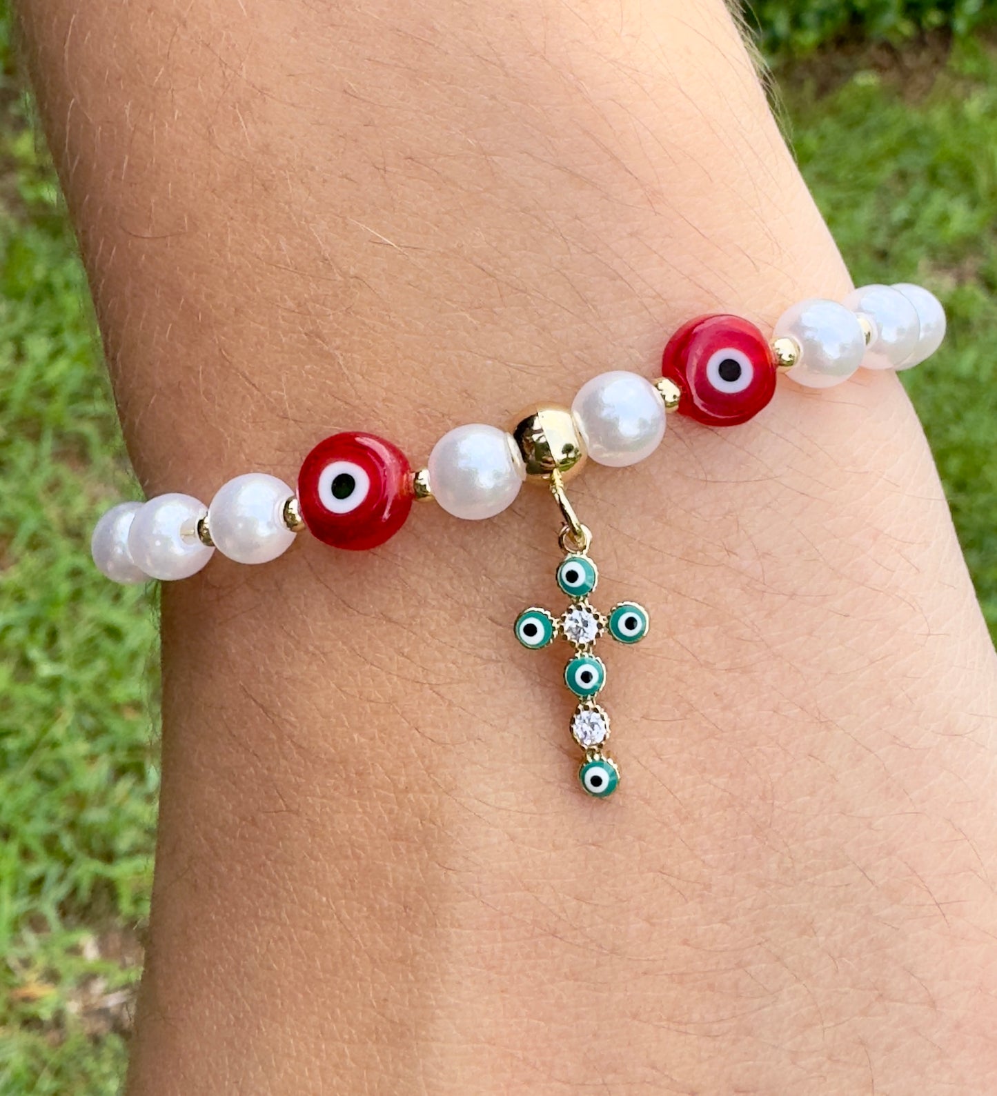 Red Eyes With Pearls And Cross Charm Evil Eye- Adjustable Bracelet