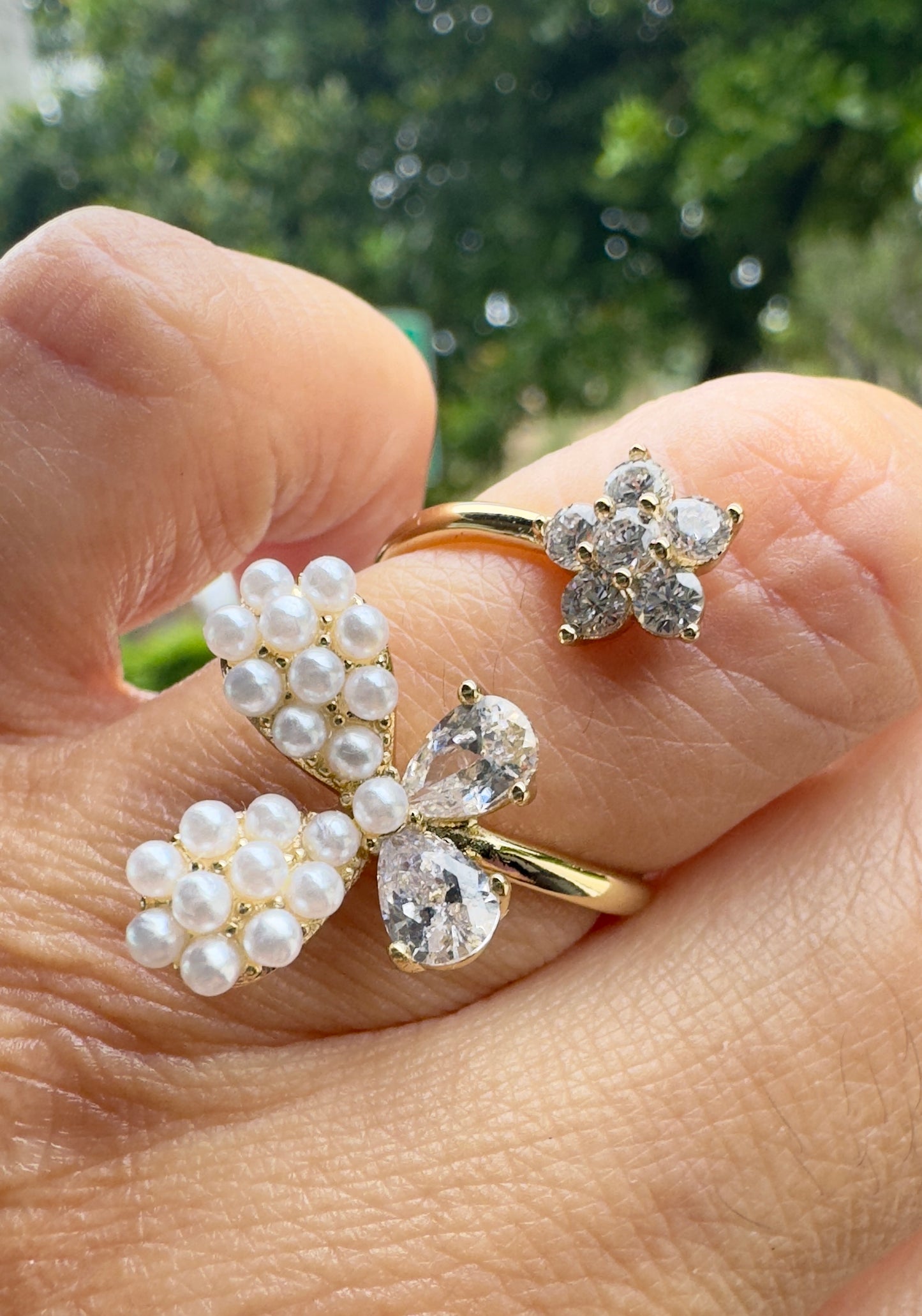 Butterfly 🦋 Flower 🌸 Pearl With Crystal Adjustable Ring
