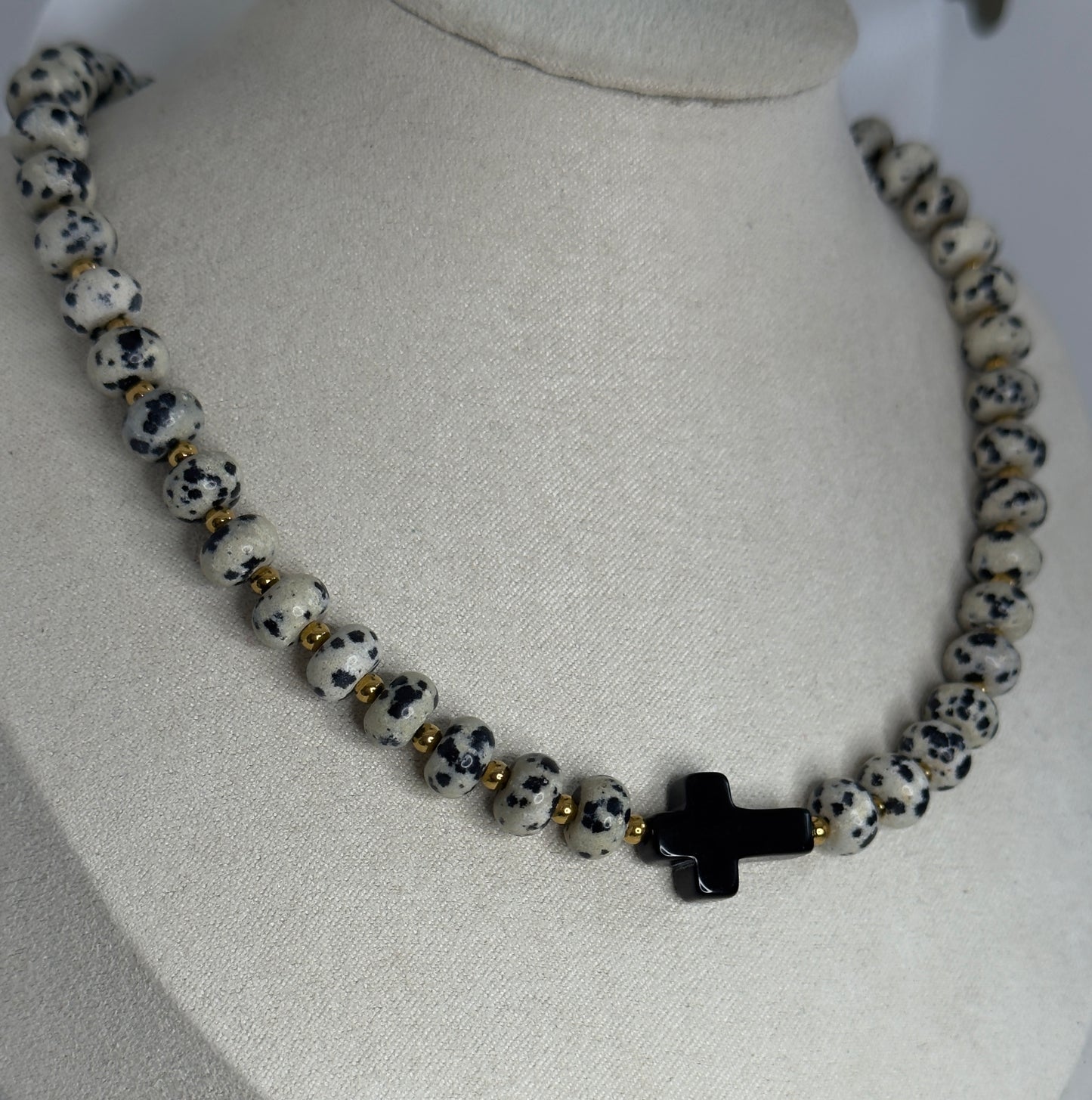 Divine Strength Dalmatian Jasper Cross Necklace
