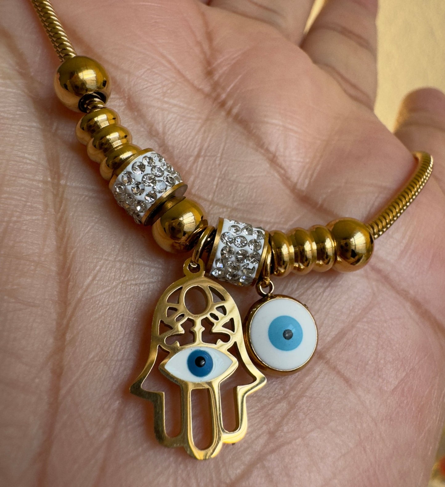Stainless Steel 18Kt plated Snake Bone Chain Hollow Hand Palm & Blue Evil Eye Element Beaded - Figi JewelsBeads bracelet