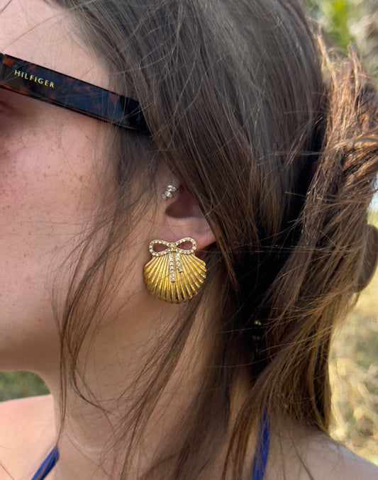 Crystal Bow Shell Stud Earrings