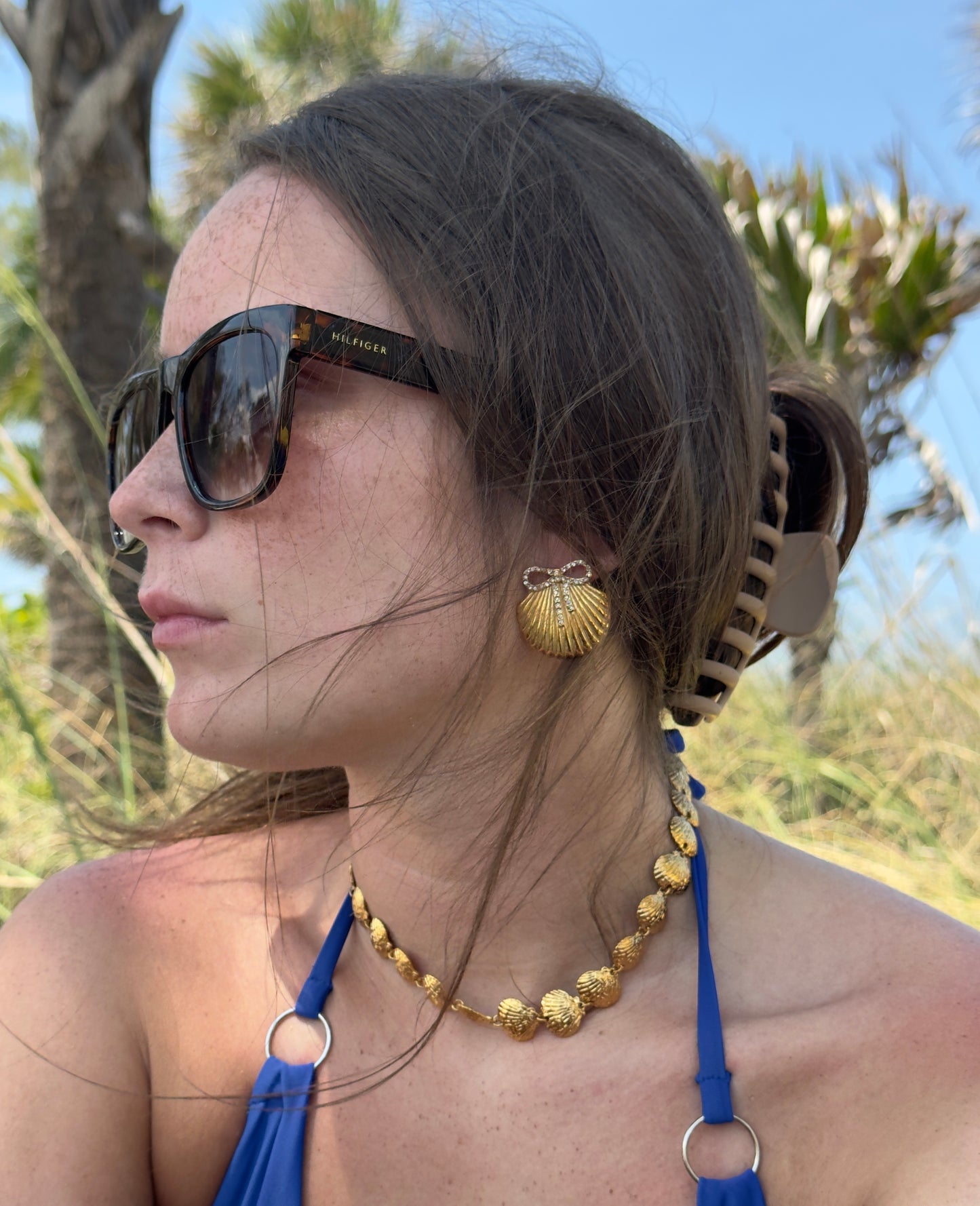 Crystal Bow Shell Stud Earrings