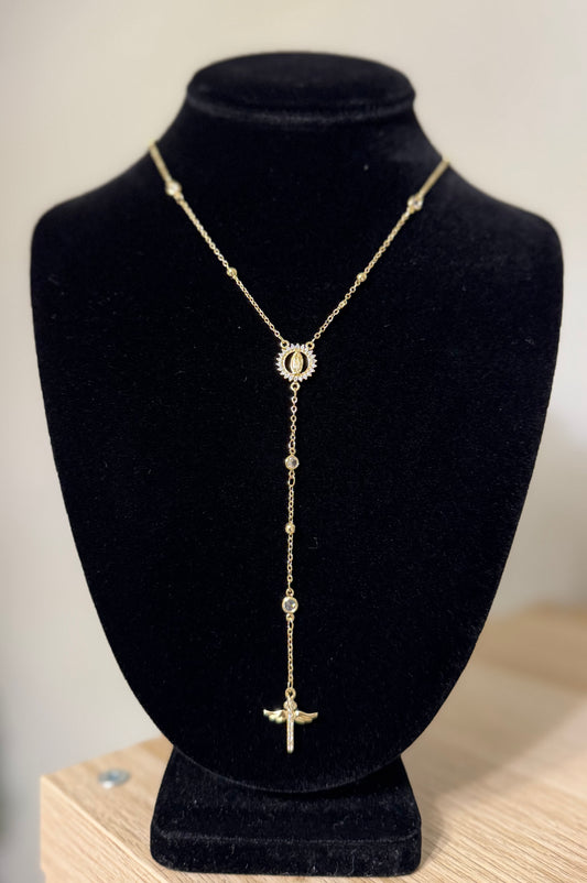 Guardian Cross Lariat Necklace 14KT Gold Plated Faith Necklace