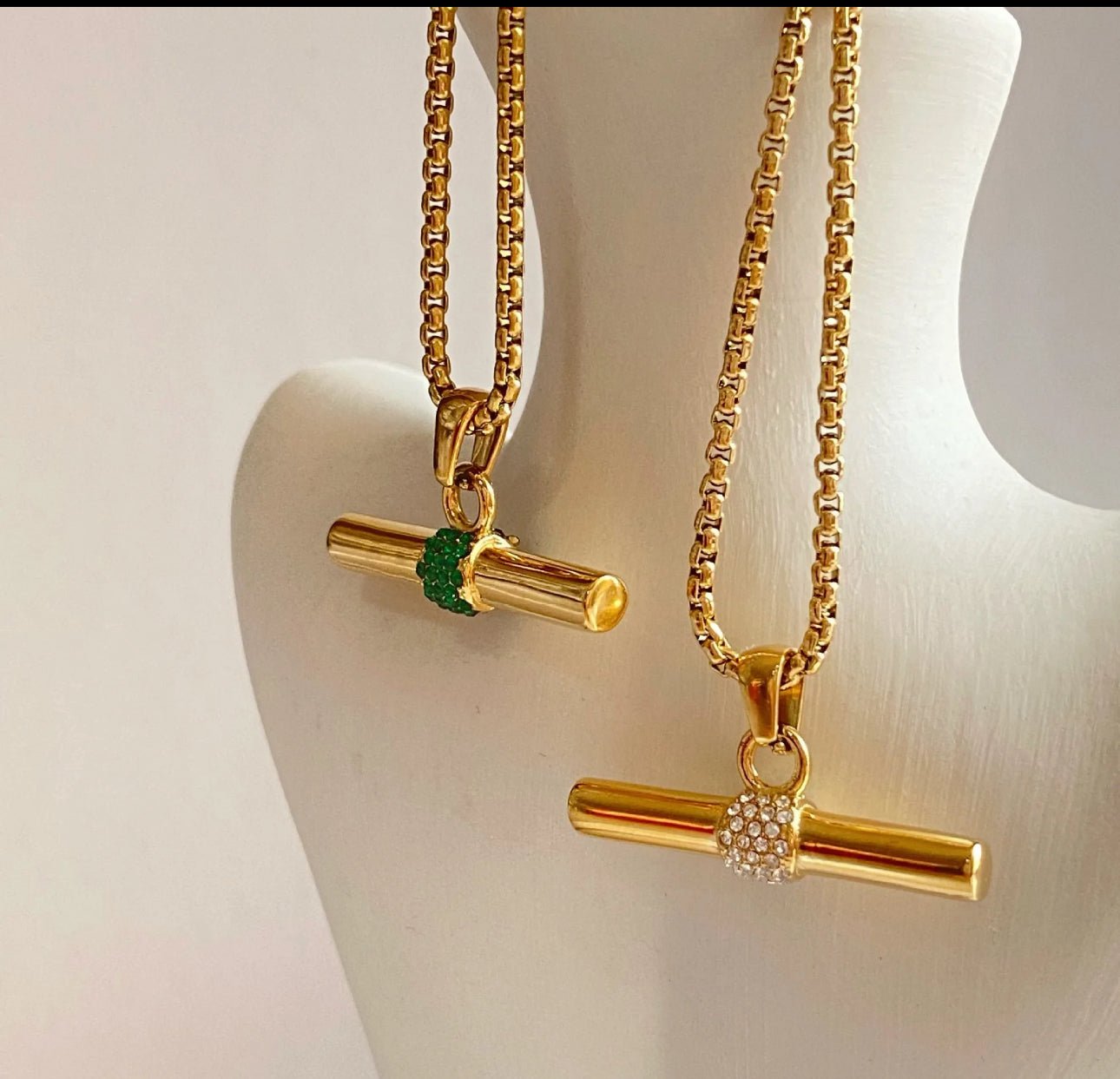 18kt gold plated T bar pendant white green diamond micro inlaid stainless steel pendant - Figi Jewels