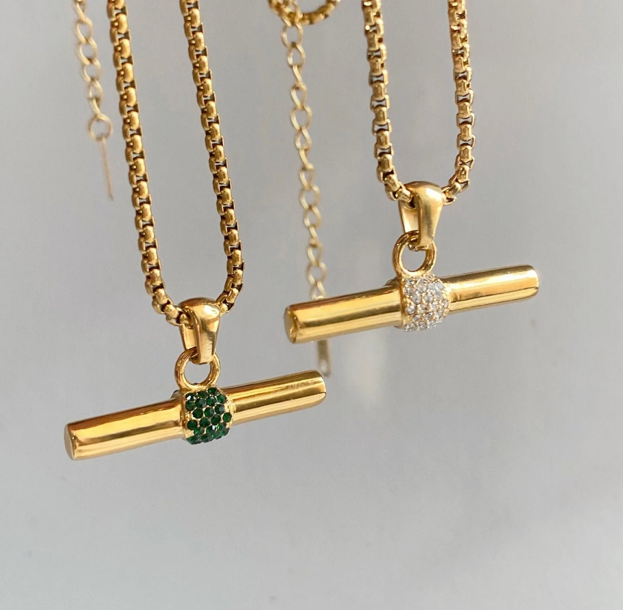 18kt gold plated T bar pendant white green diamond micro inlaid stainless steel pendant - Figi Jewels