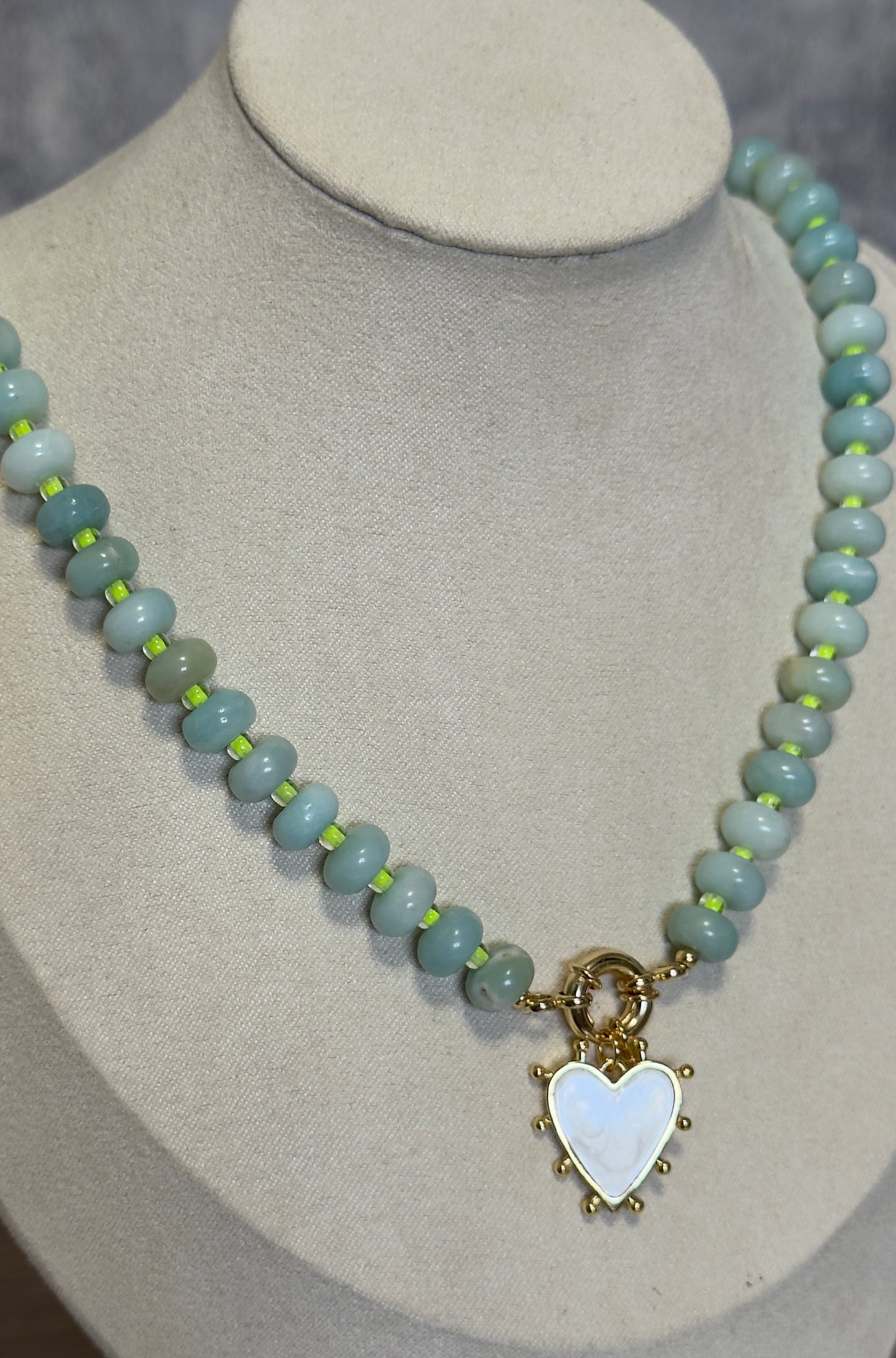 Handmade Amazonite Beaded Necklace with Heart Charm