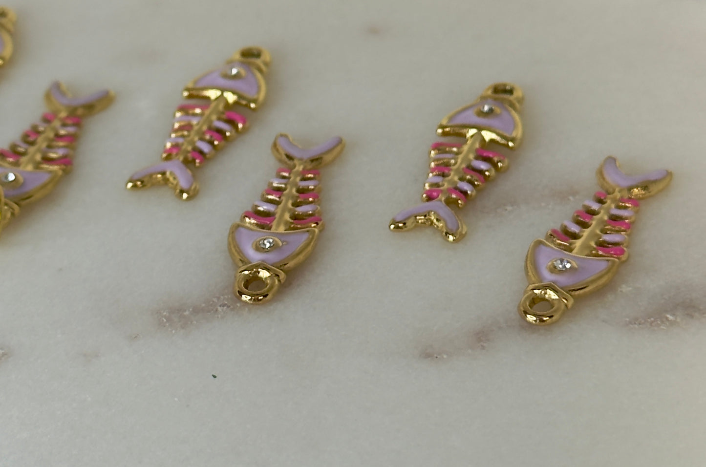 Pink Fishbone Stainless Steel Charm with Crystal Detail