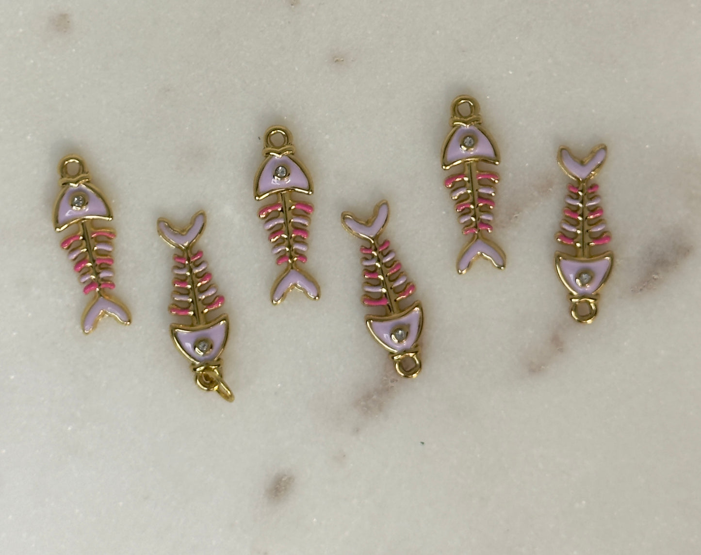 Pink Fishbone Stainless Steel Charm with Crystal Detail