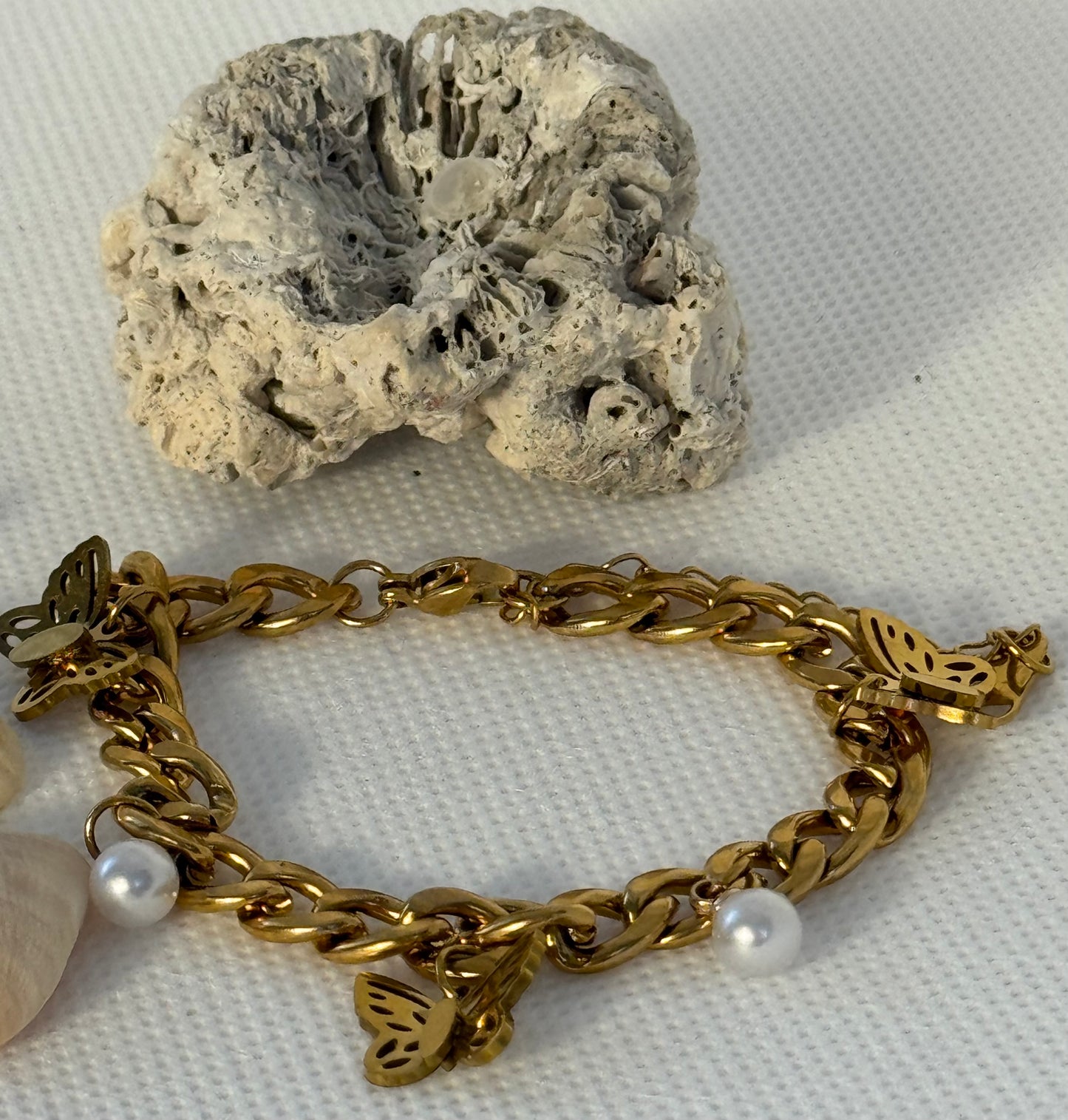 18KT Gold Laminated Titanium Steel Thick Chain With Beads & Butterfly Pendant