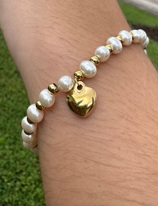 Pearl Beads  With Heart Charm Bracelet