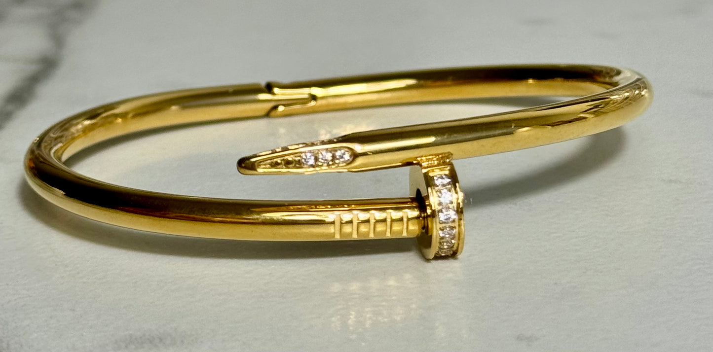 Nail Bangle Bracelets With Crystals - 18kt GoldLlaminated Stainless Steel