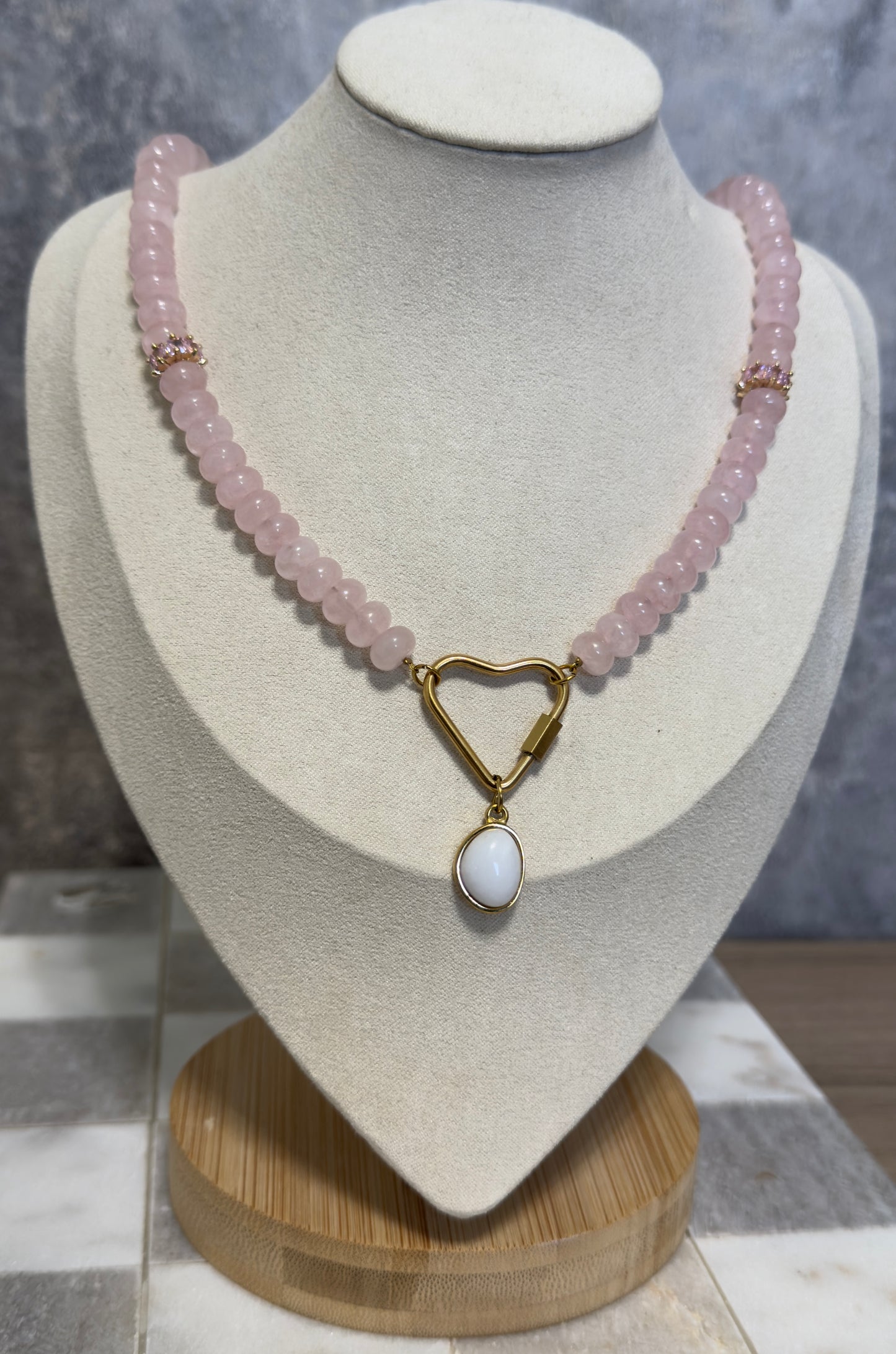 Handmade Rose Quartz Necklace with Pink Crystal Spacers