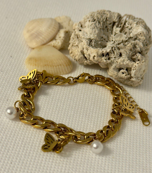 18KT Gold Laminated Titanium Steel Thick Chain With Beads & Butterfly Pendant