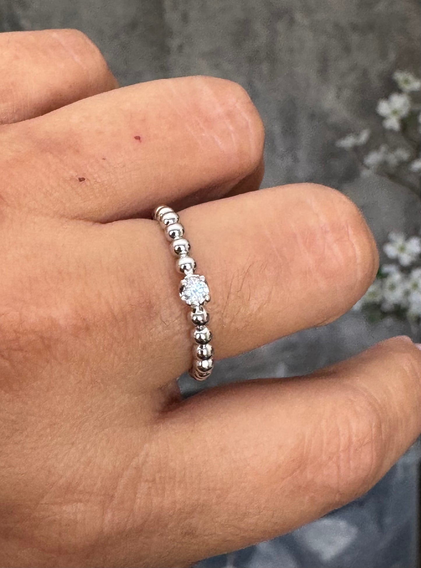 Silver Plated Beaded Crystal Ring Waterproof & Tarnish Resistant