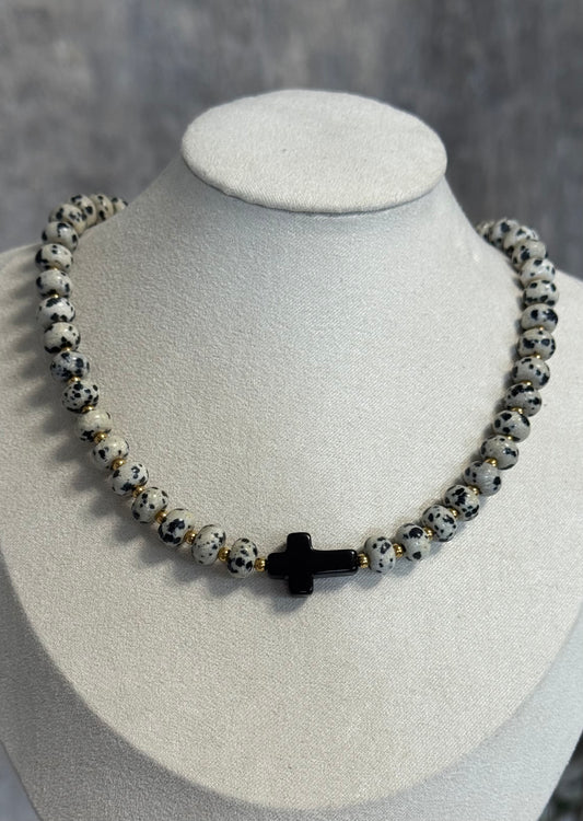 Divine Strength Dalmatian Jasper Cross Necklace