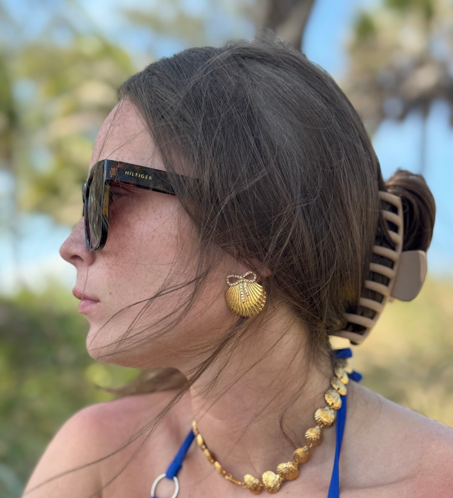 Crystal Bow Shell Stud Earrings