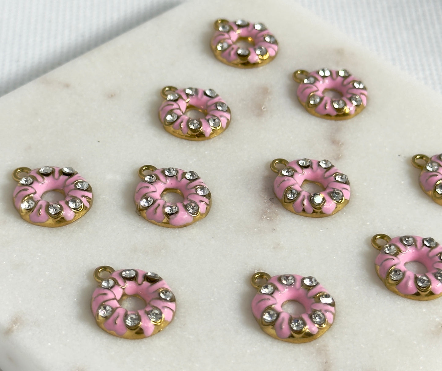 Pink Donut Stainless Steel Charm with Crystals