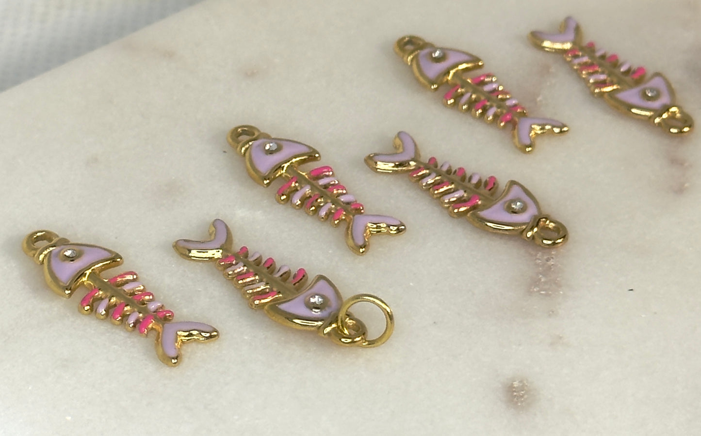 Pink Fishbone Stainless Steel Charm with Crystal Detail