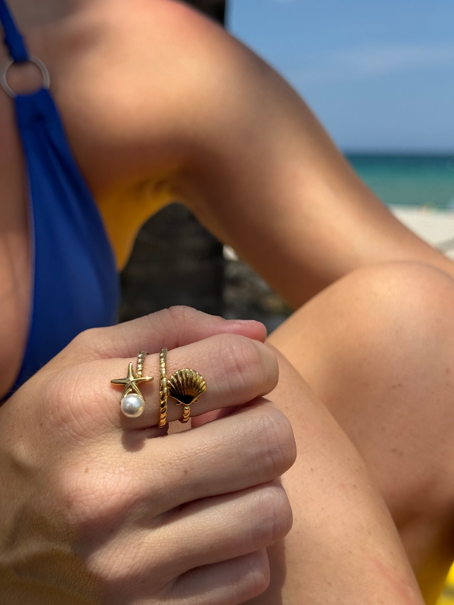 Pearl Starfish Shell Adjustable Ring