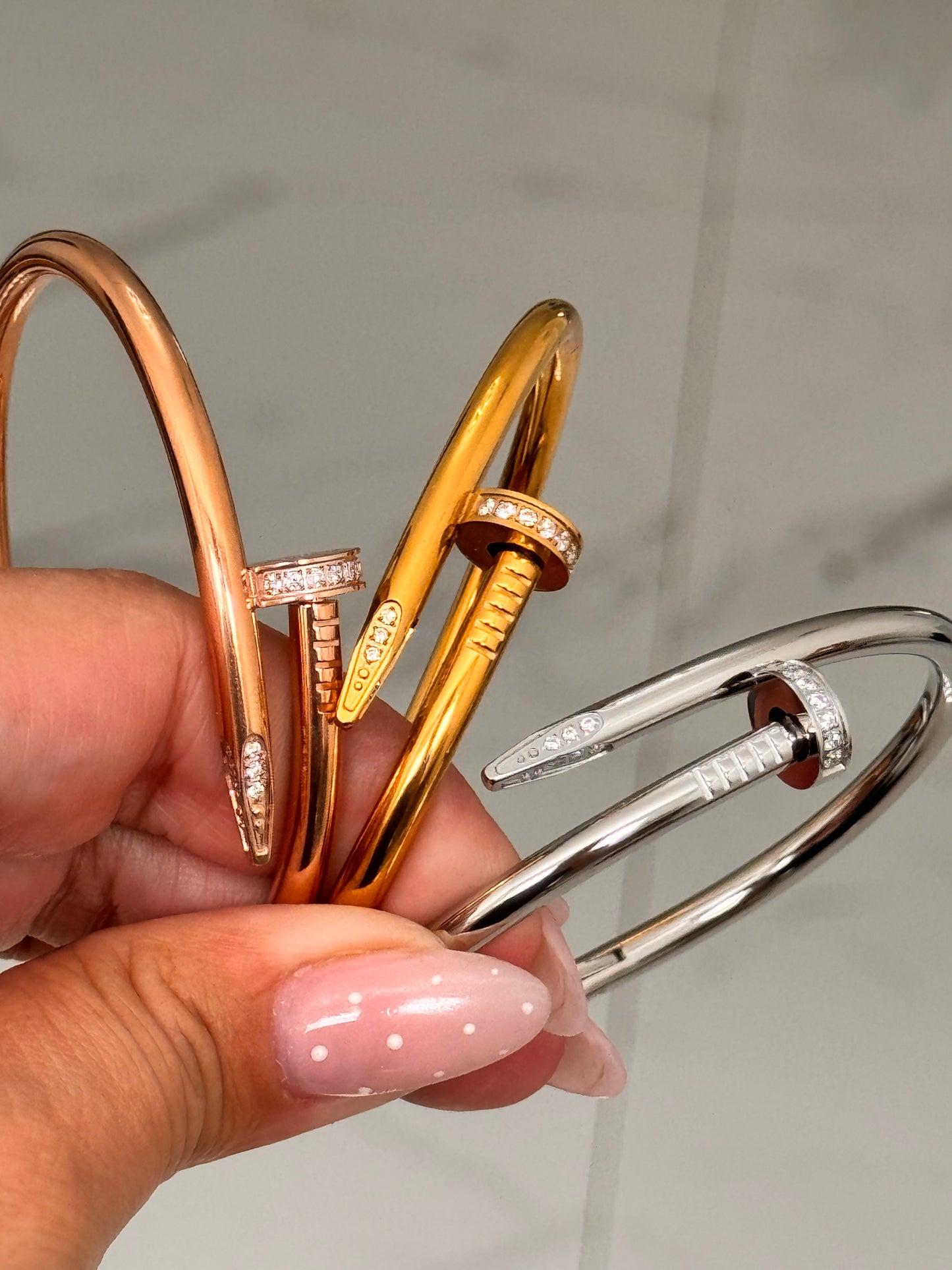 Nail Bangle Bracelets With Crystals - 18kt GoldLlaminated Stainless Steel