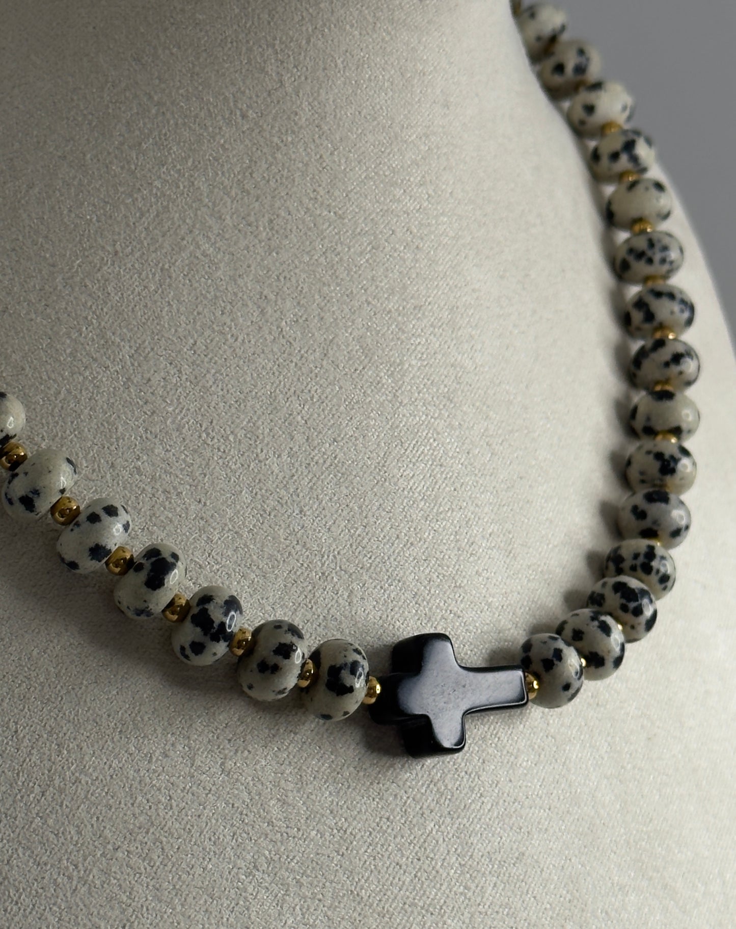 Divine Strength Dalmatian Jasper Cross Necklace
