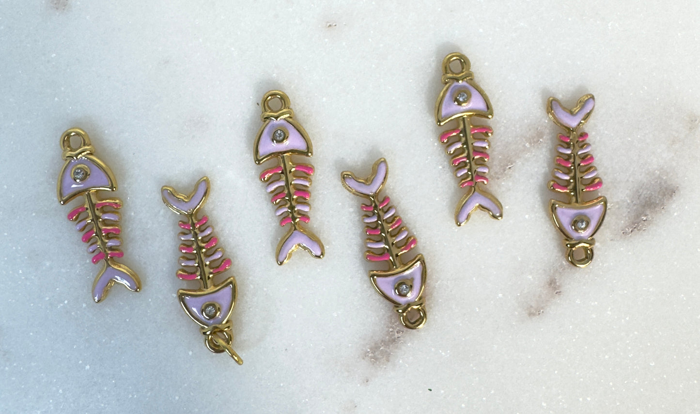 Pink Fishbone Stainless Steel Charm with Crystal Detail