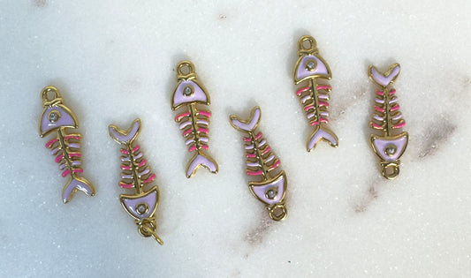 Pink Fishbone Stainless Steel Charm with Crystal Detail