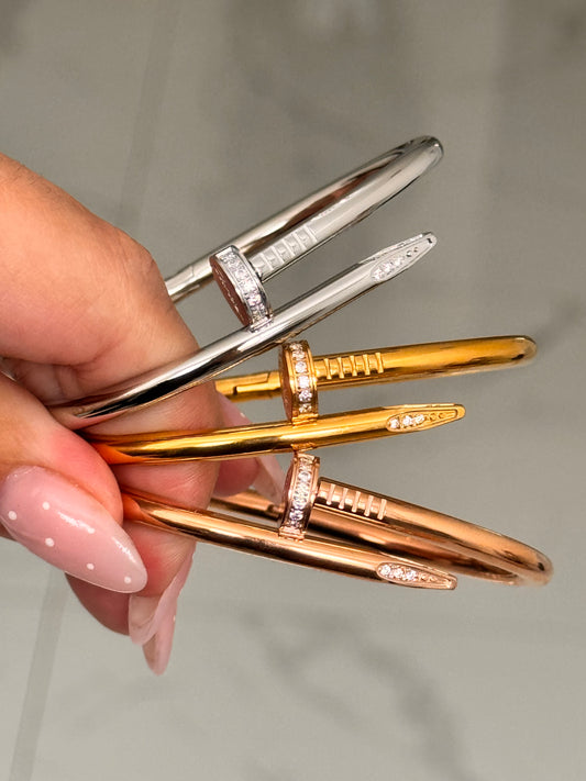 Nail Bangle Bracelets With Crystals - 18kt GoldLlaminated Stainless Steel