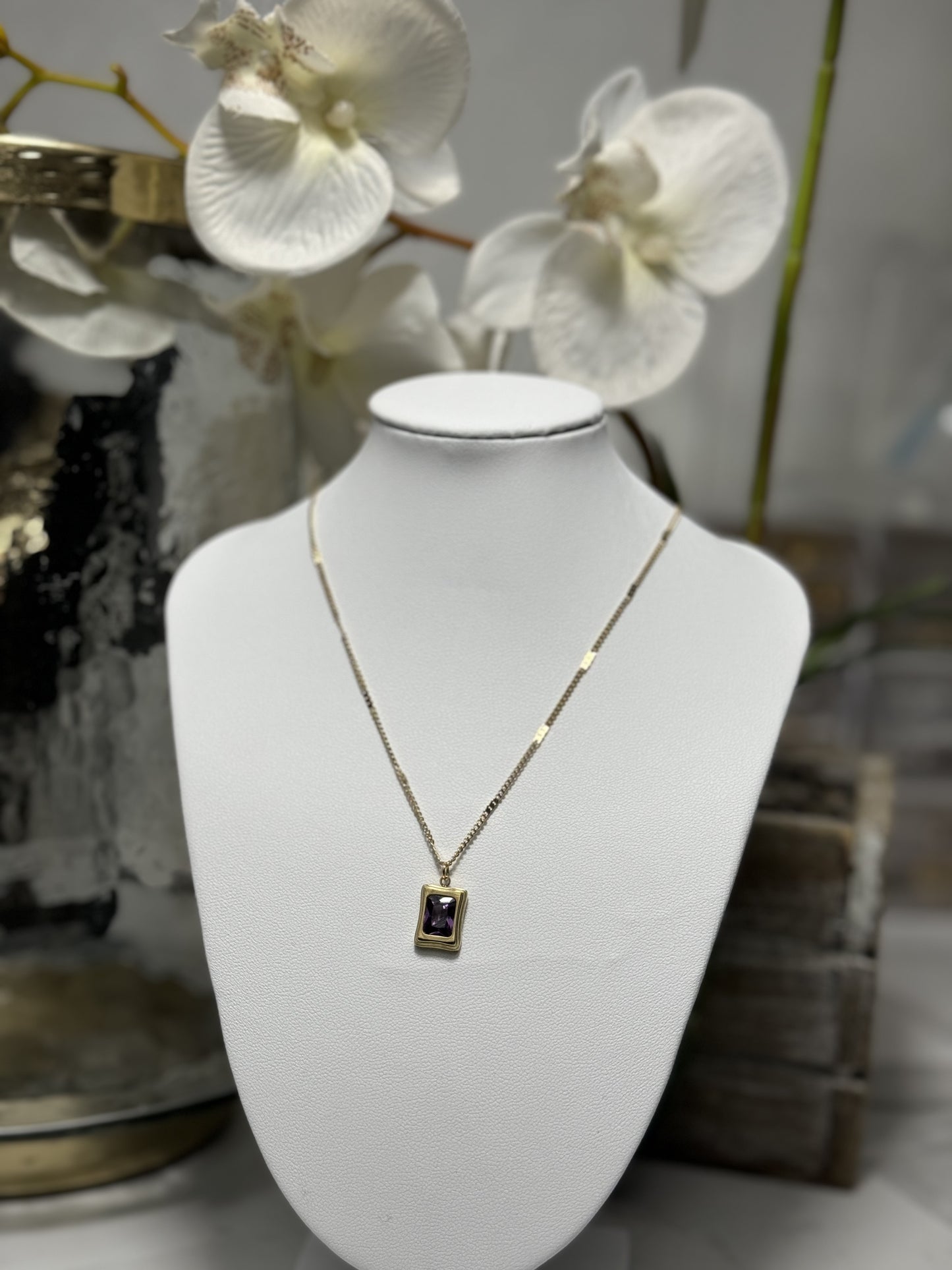 Square Crystal Pendant 18KT  Gold Laminated Necklace