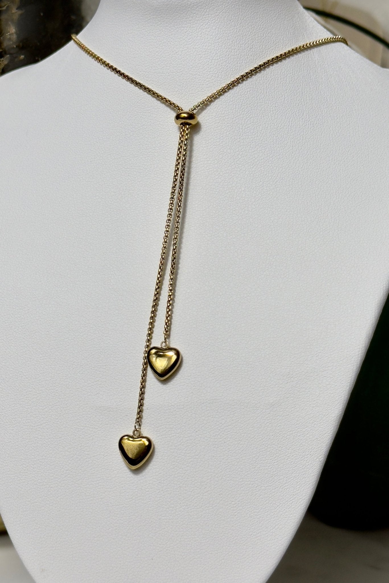 Elegant adjustable lariat stainless steel necklace heart pendant gold - Figi Jewels