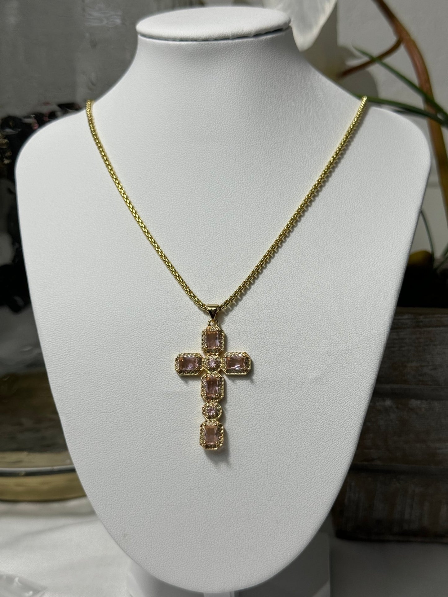 Pink/clear Fancy cross charm necklace (adjustable) - Figi Jewels