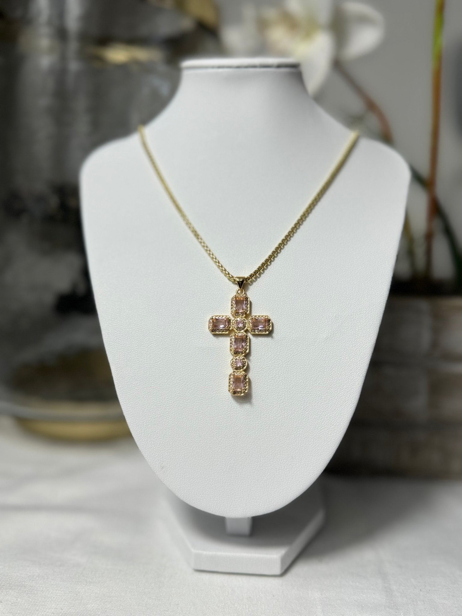 Pink/clear Fancy cross charm necklace (adjustable) - Figi Jewels