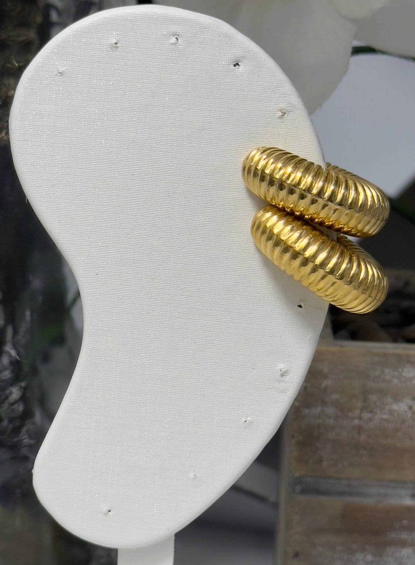 Striking gold hallowed chunky ear cuff with striped bottega in stainless steel (the pair) - Figi Jewels